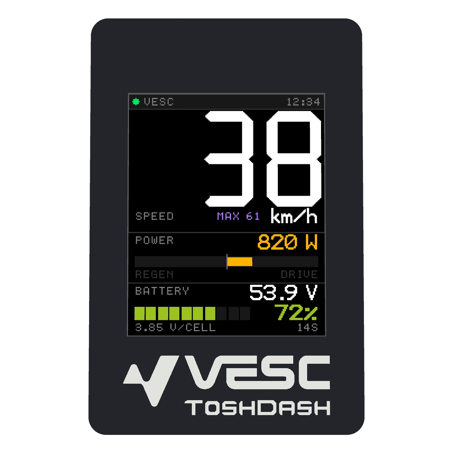 Tosh Dash V1 VESC telemetry display seen from above, showing 38 km/h, 820 W and 72% battery