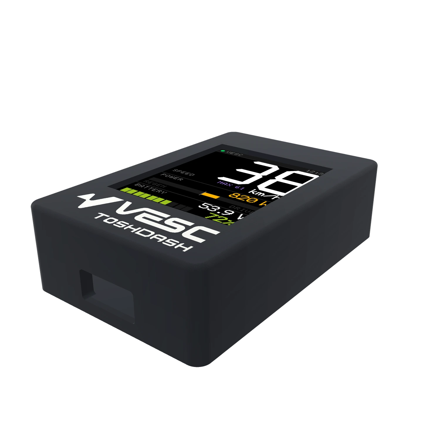Tosh Dash V1 VESC telemetry display, fully assembled, angled view