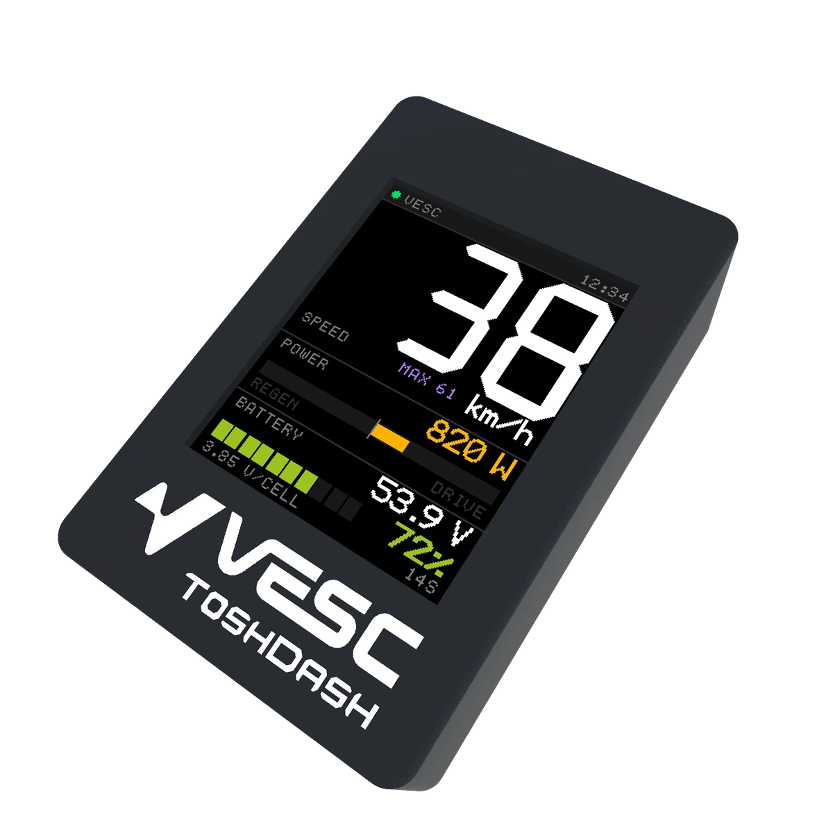 Tosh Dash V1 standing on one corner, display facing forward: closed PETG enclosure with white VESC ToshDash logo