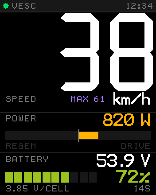 Tosh Dash ride screen: 38 km/h, 820 W power bar and battery at 72 %