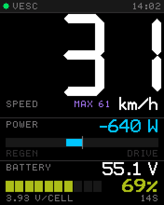 Tosh Dash ride screen while braking: regen shown as -640 W in cyan
