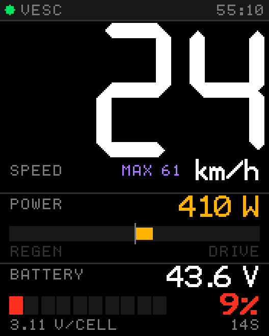 Tosh Dash low battery warning: 9 % in red