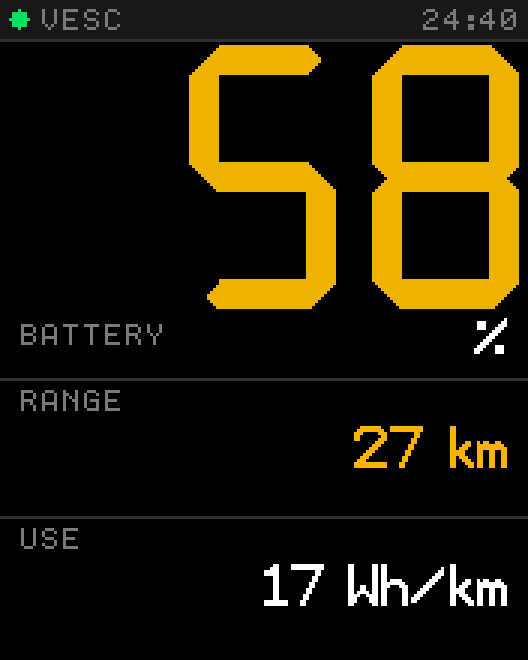 Tosh Dash with battery as the big number, range 27 km and consumption 17 Wh/km