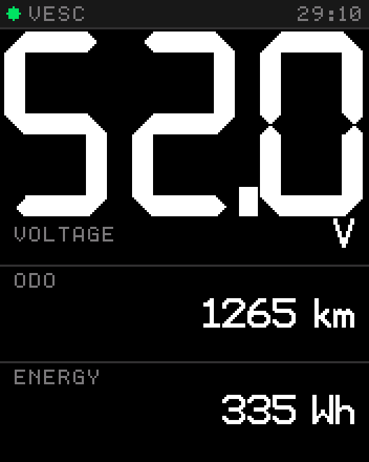 Tosh Dash display: Voltage · Odo · Energy