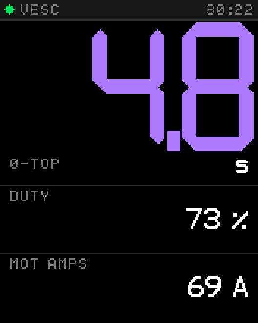 Tosh Dash layout with acceleration timer, duty cycle and motor amps