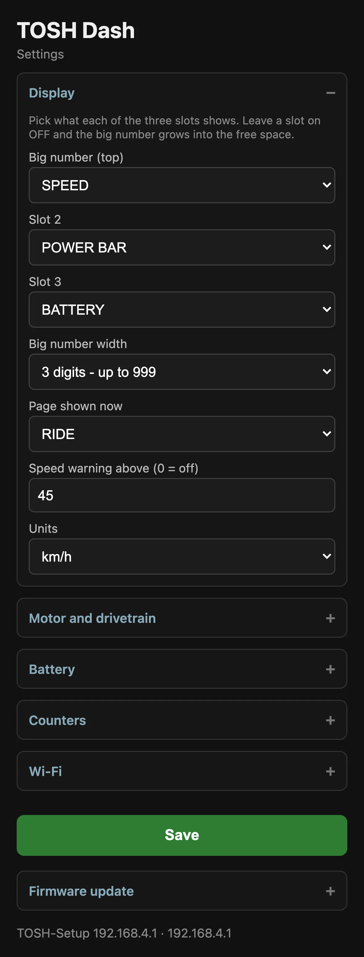Tosh Dash settings page: Display section