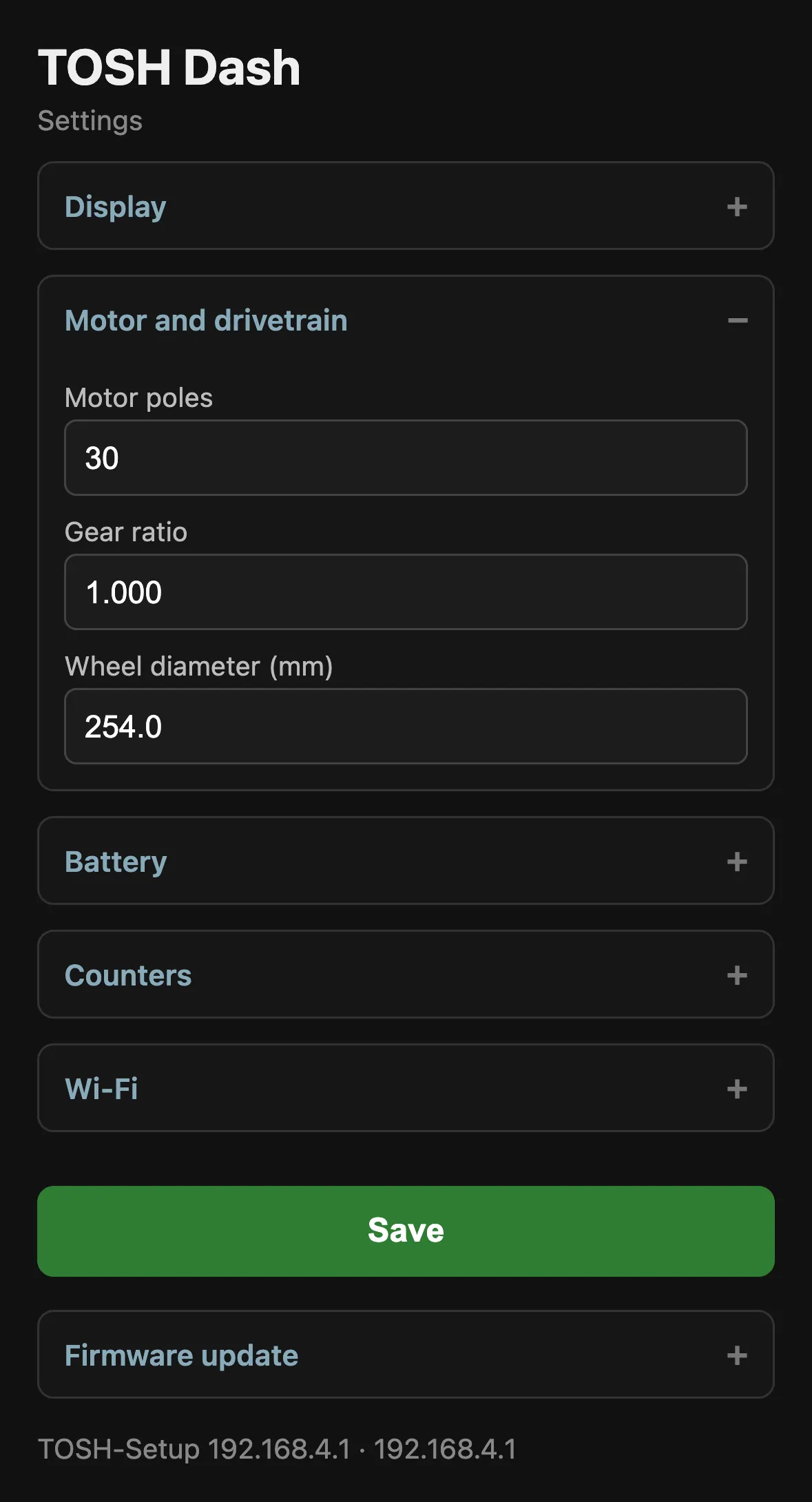 Tosh Dash settings page: Motor and drivetrain