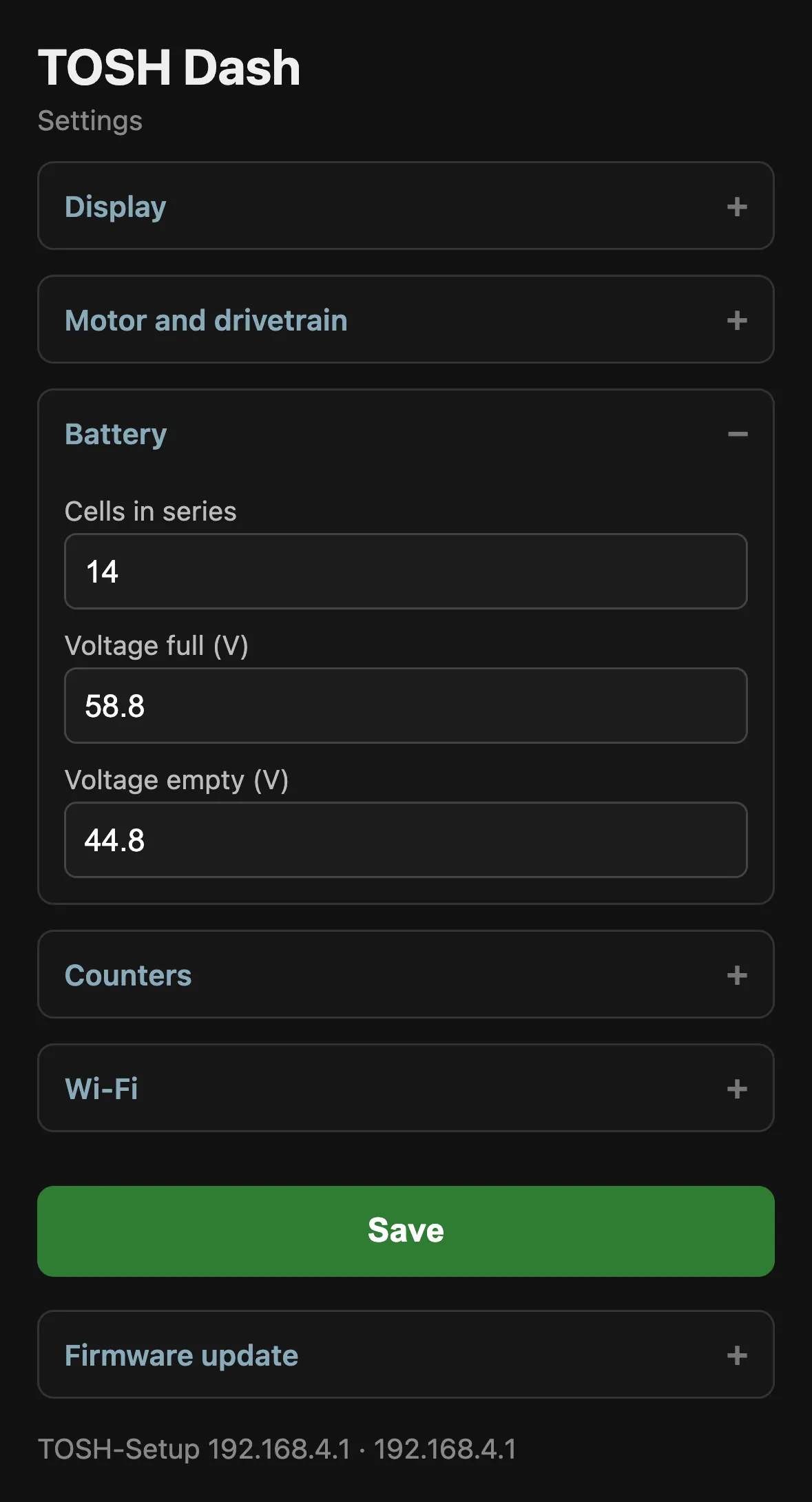 Tosh Dash settings page: Battery
