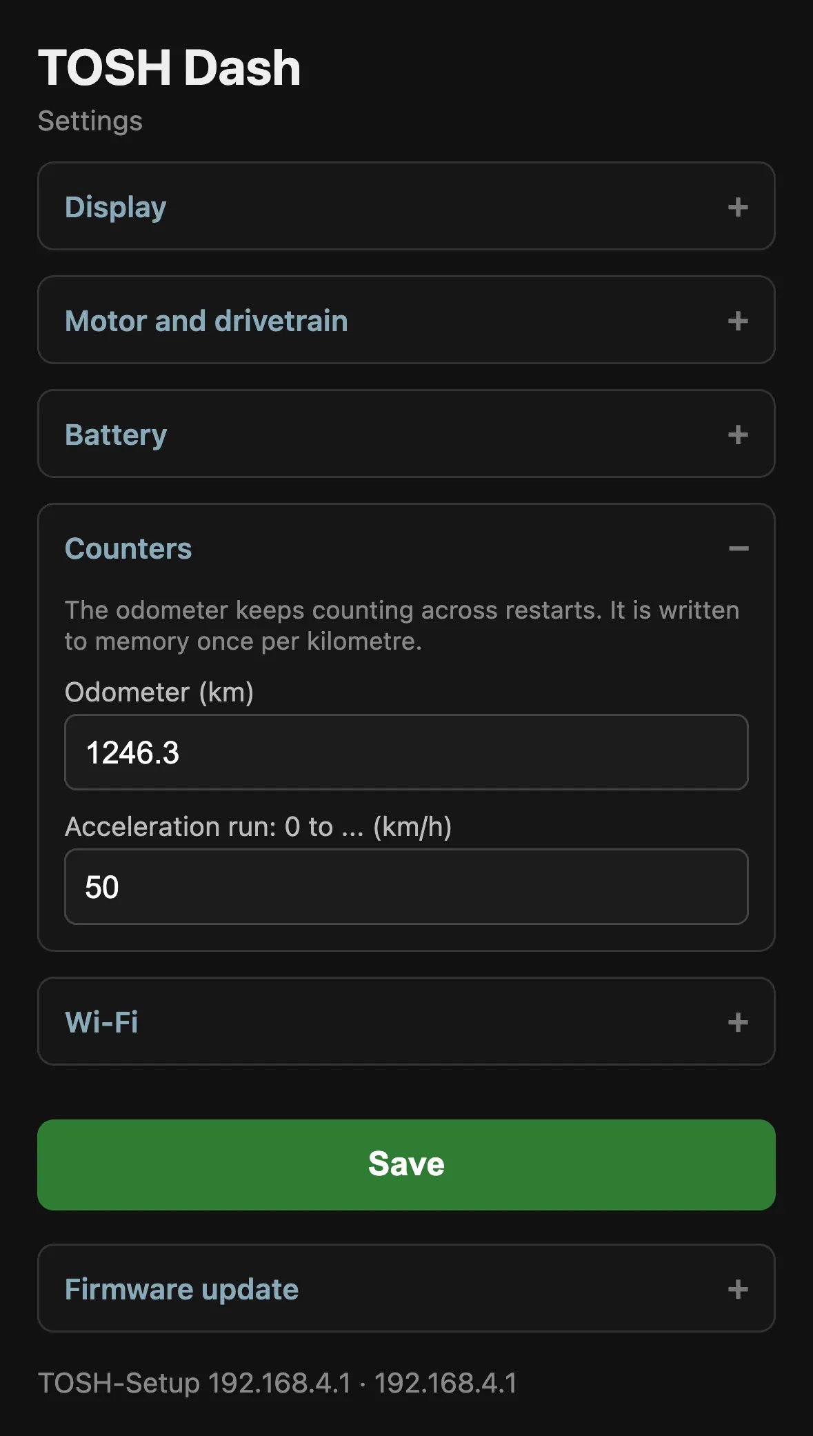 Tosh Dash settings page: Counters