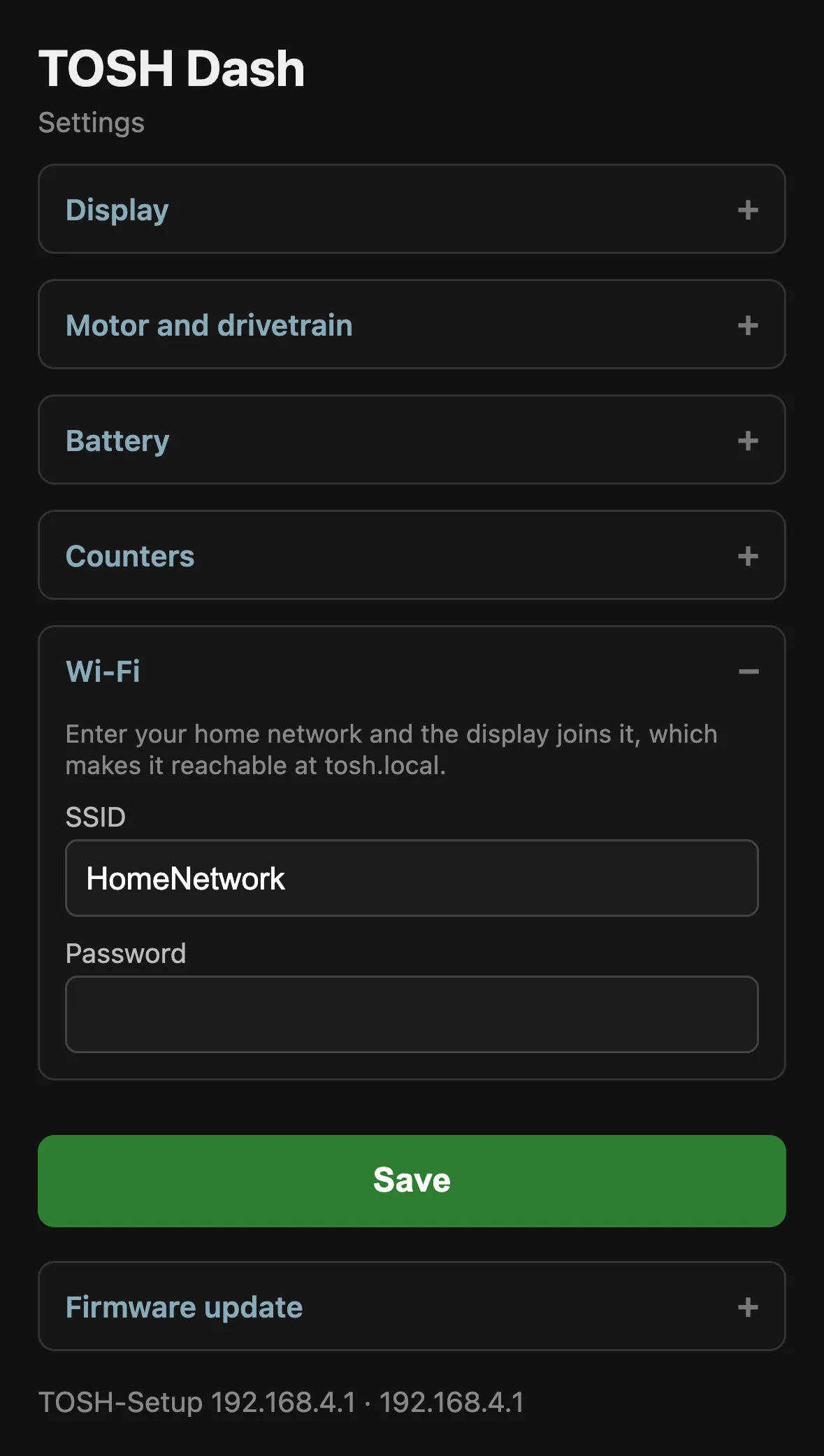 Tosh Dash settings page: Wi-Fi