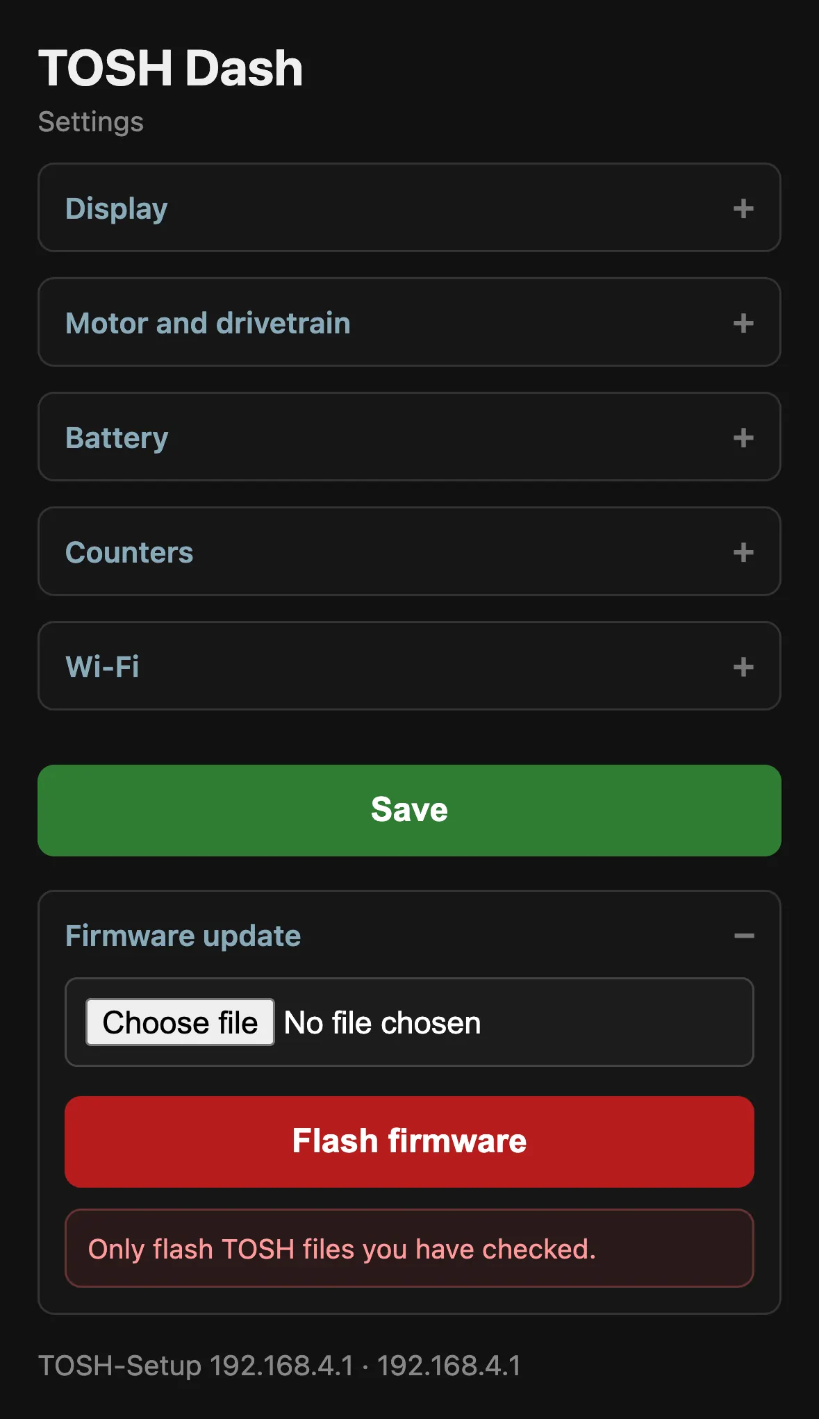 Tosh Dash settings page: Firmware update