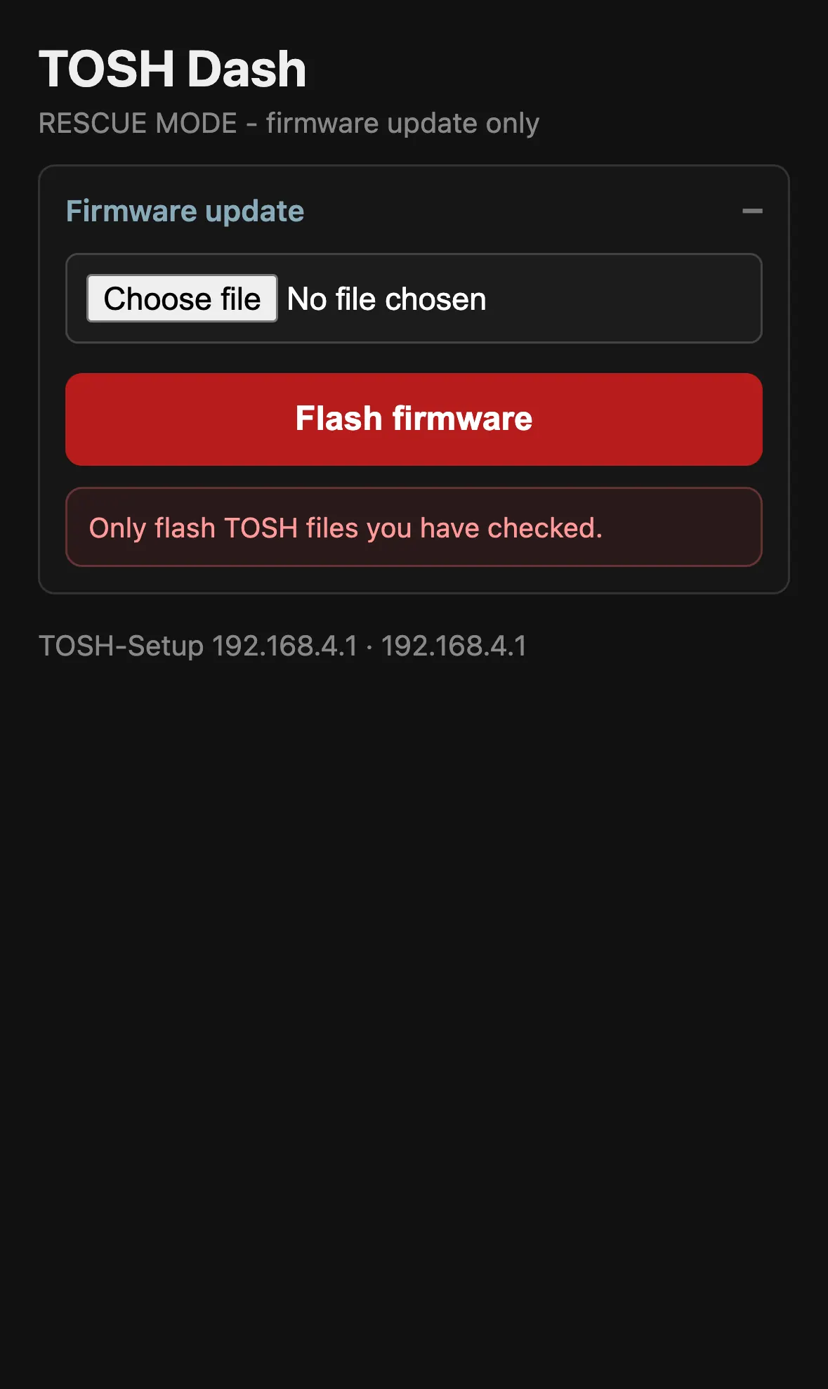 Tosh Dash settings page: Rescue mode